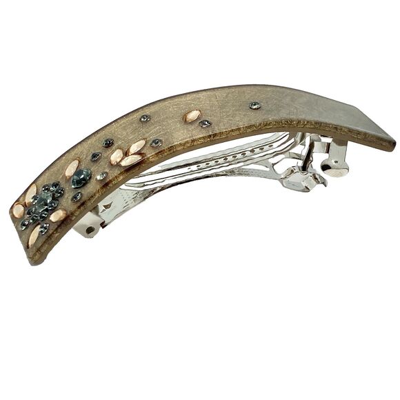 Large Tan Beige Acrylic Bling Flower Hair French Clip Barrette Curved Long Hair - Picture 4 of 11